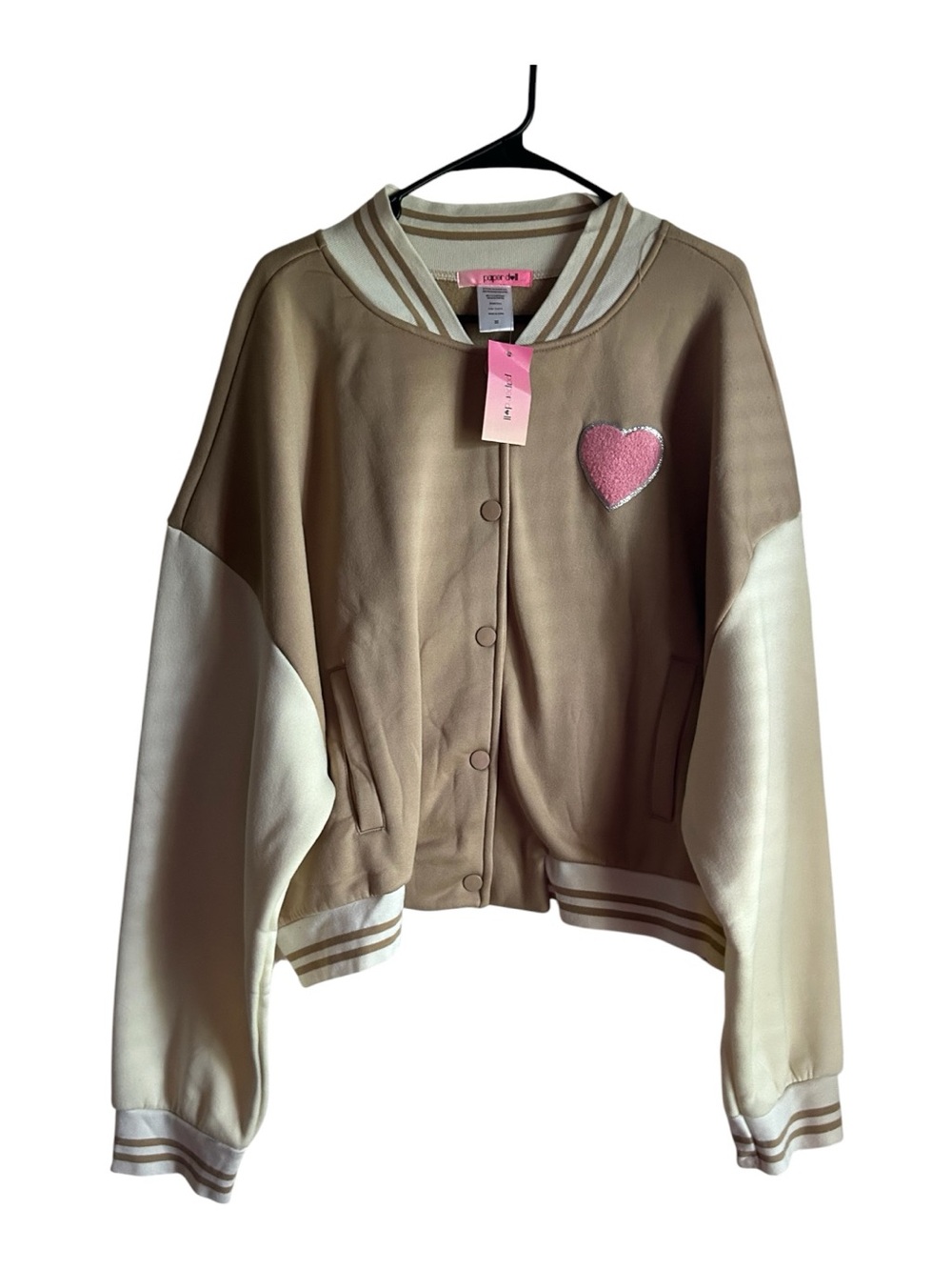 Paper Doll Size 3X Heart Patch Varsity Jacket - Beige & Cream
